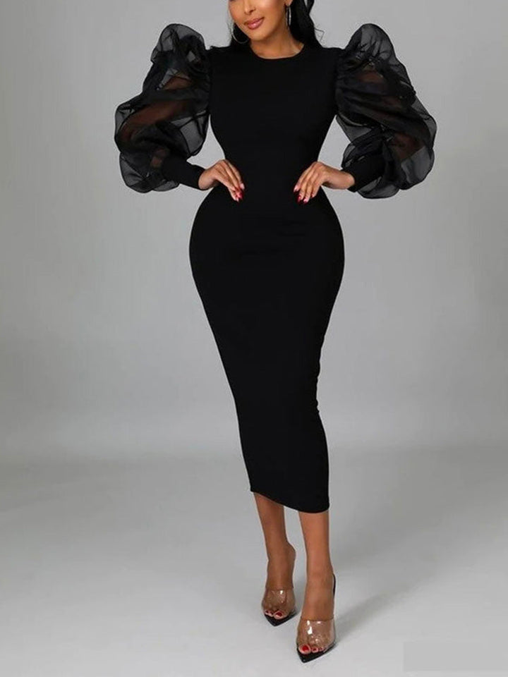 Elegant Puff Sleeve Maxi Dresses Black / 2XL