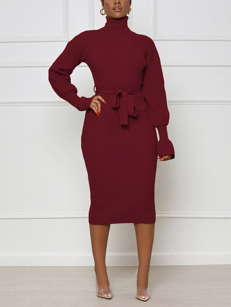 Turtleneck Knit Tie Waist Dress Black / L