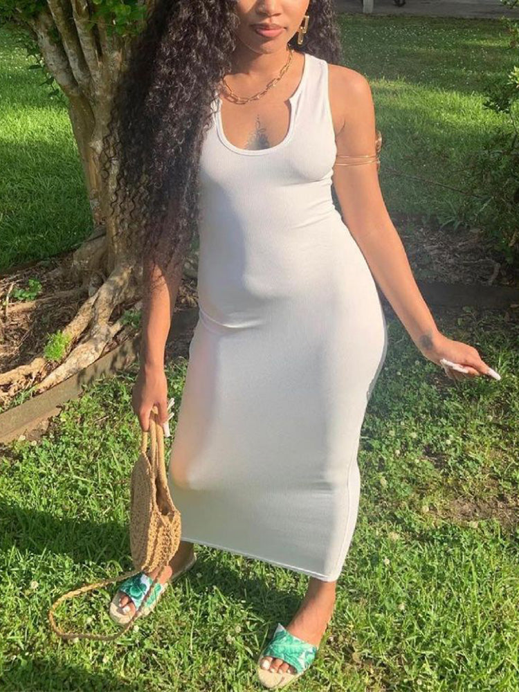 Scoop Neck Ribbed Maxi Dress White / M