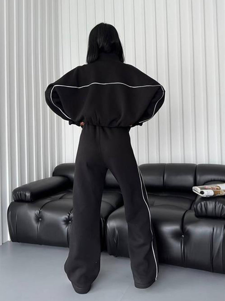 Fashion Turtleneck Cardigan Striped Sweatshirt Set