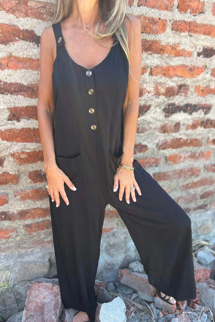 Button Closure Backless Loose Jumpsuit