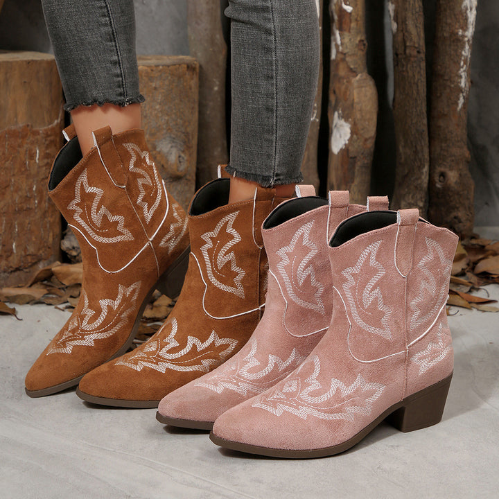 Pointed Toe Embroidered Women's Leather Boots