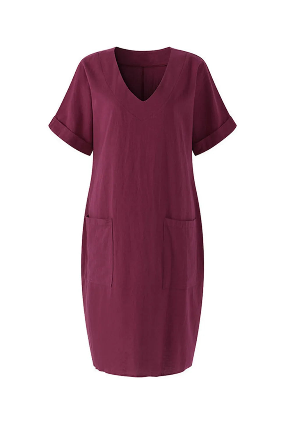 V Neck Short Sleeve Pocketed Cotton Dress