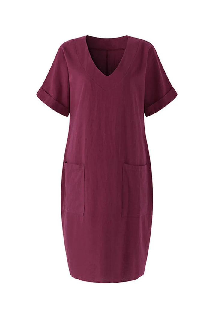V Neck Short Sleeve Pocketed Cotton Dress