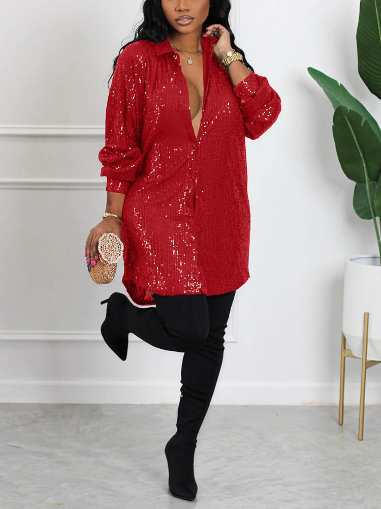 Sequin Shirt Mini Dress Green / M