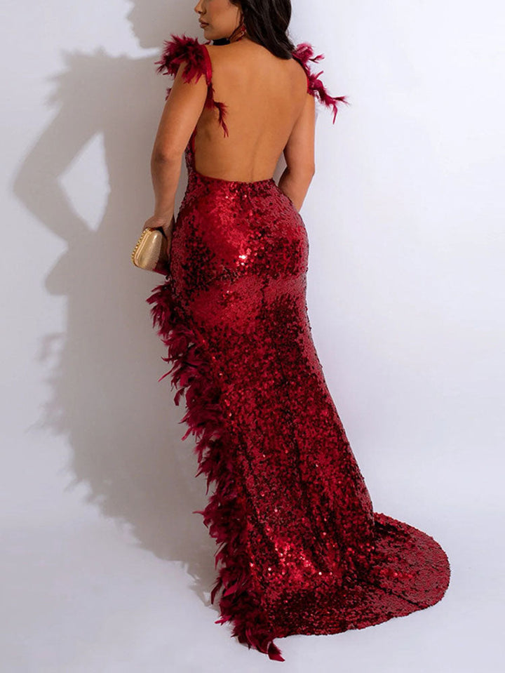 Sequin Feather Slit Party Dress Red / S