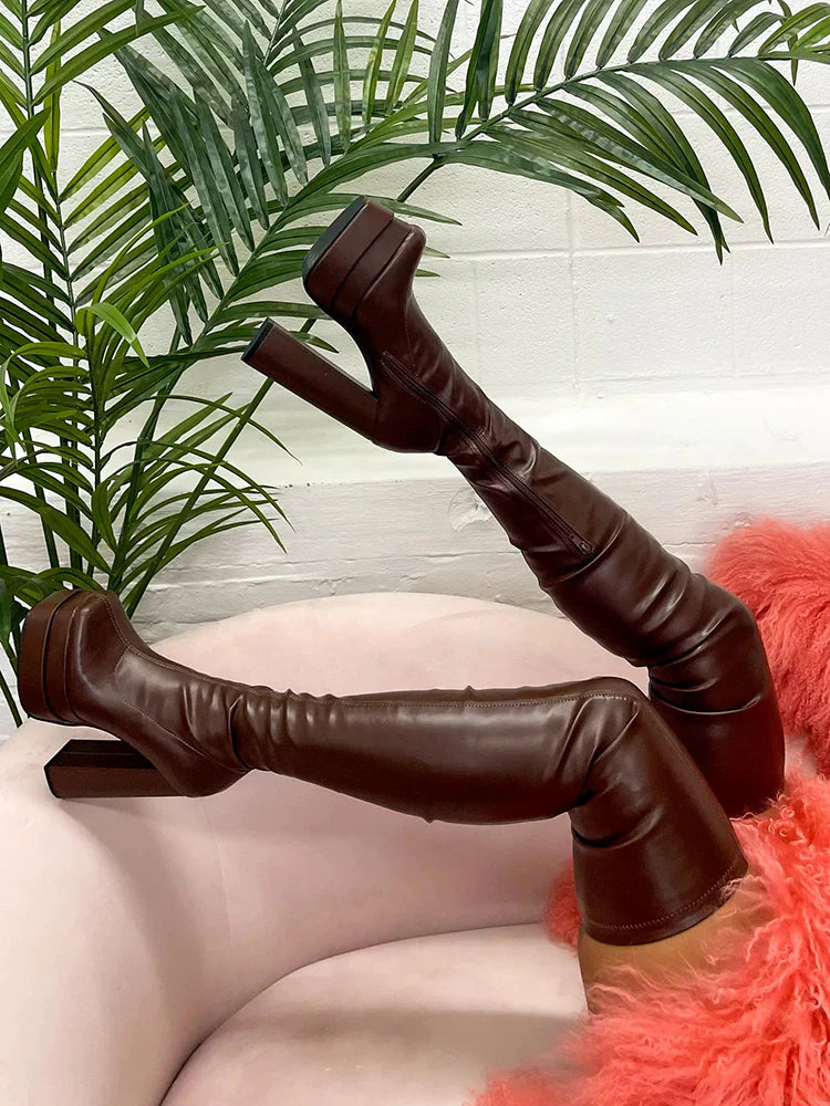 PU Platform Heel Thigh High Boots