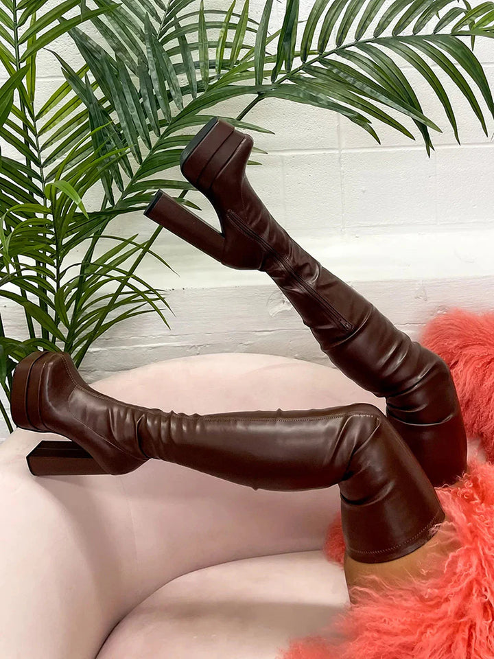 PU Platform Heel Thigh High Boots