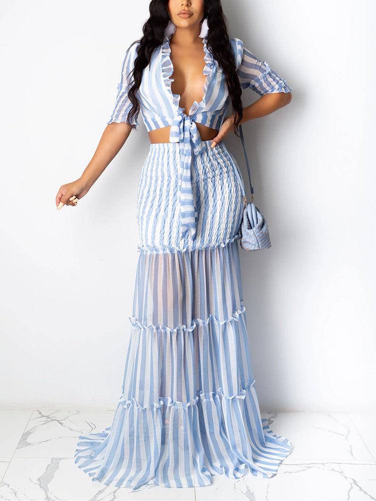 Striped Crop Top Ruffle Skirt Set Blue / S