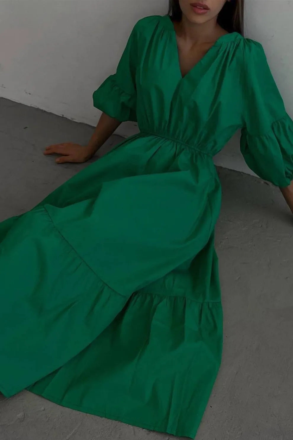 Half Sleeve V Neck High Waist Midi Dress