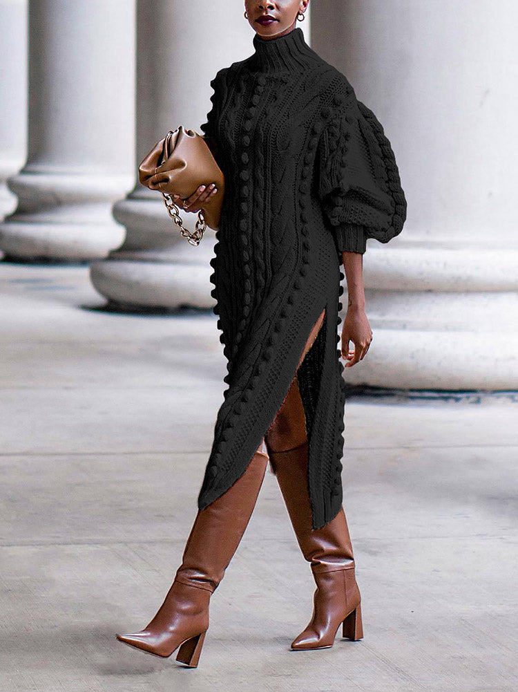 Turtleneck Slit Knit Dress Brown / M