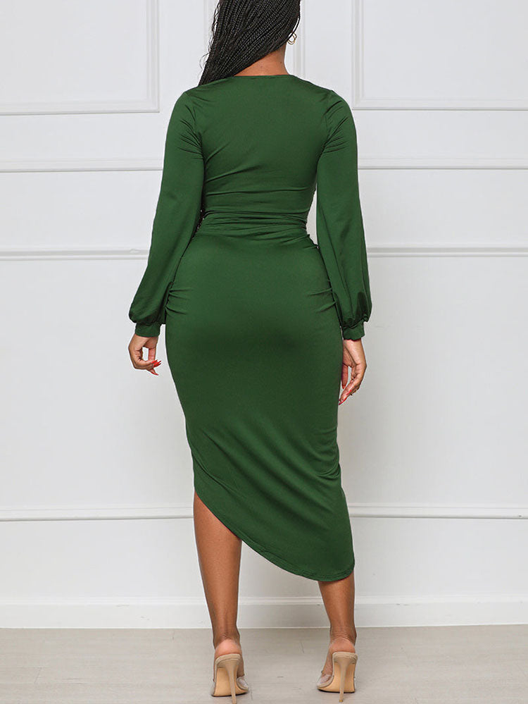 Asymmetrical Ruched Midi Dress Green / XL
