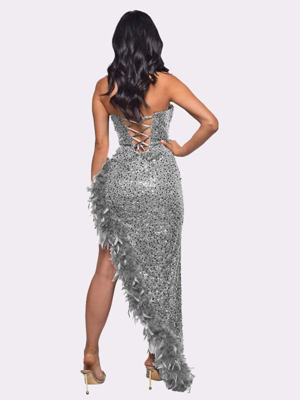 Sequin Feather Trimmed Dress Purple / S