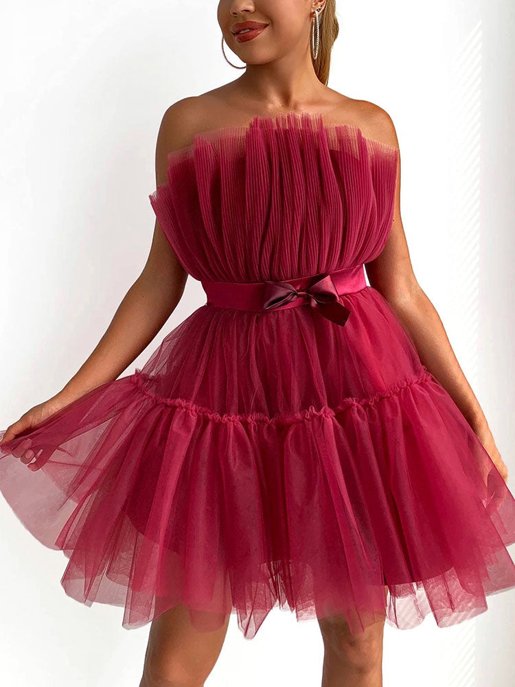 Bow Decor Layered Tulle Cocktail Dress Burgundy / M