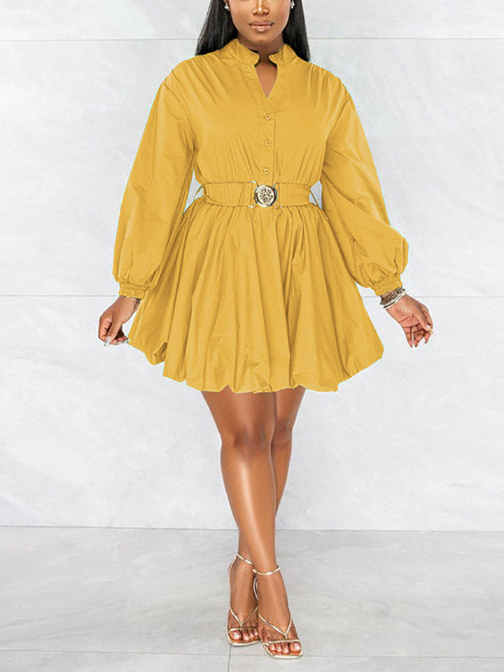 Belted Puffy Sleeve Solid Dress Yellow / M