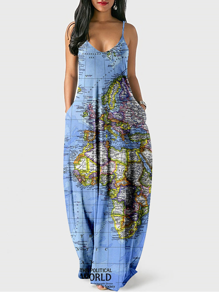 Casual Map Print Spaghetti Strap Maxi Dress Green / XL