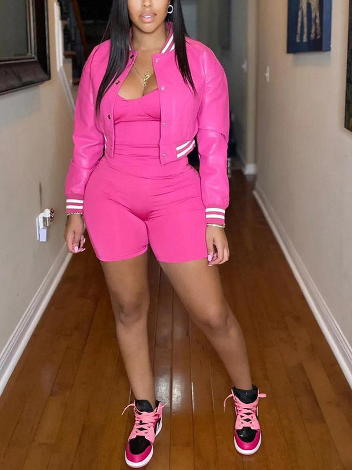 Varsity Button Down Crop Jacket Rose / S