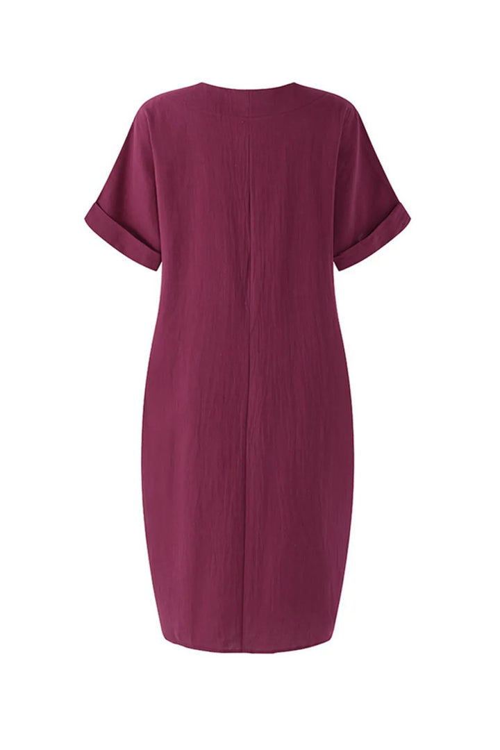 V Neck Short Sleeve Pocketed Cotton Dress
