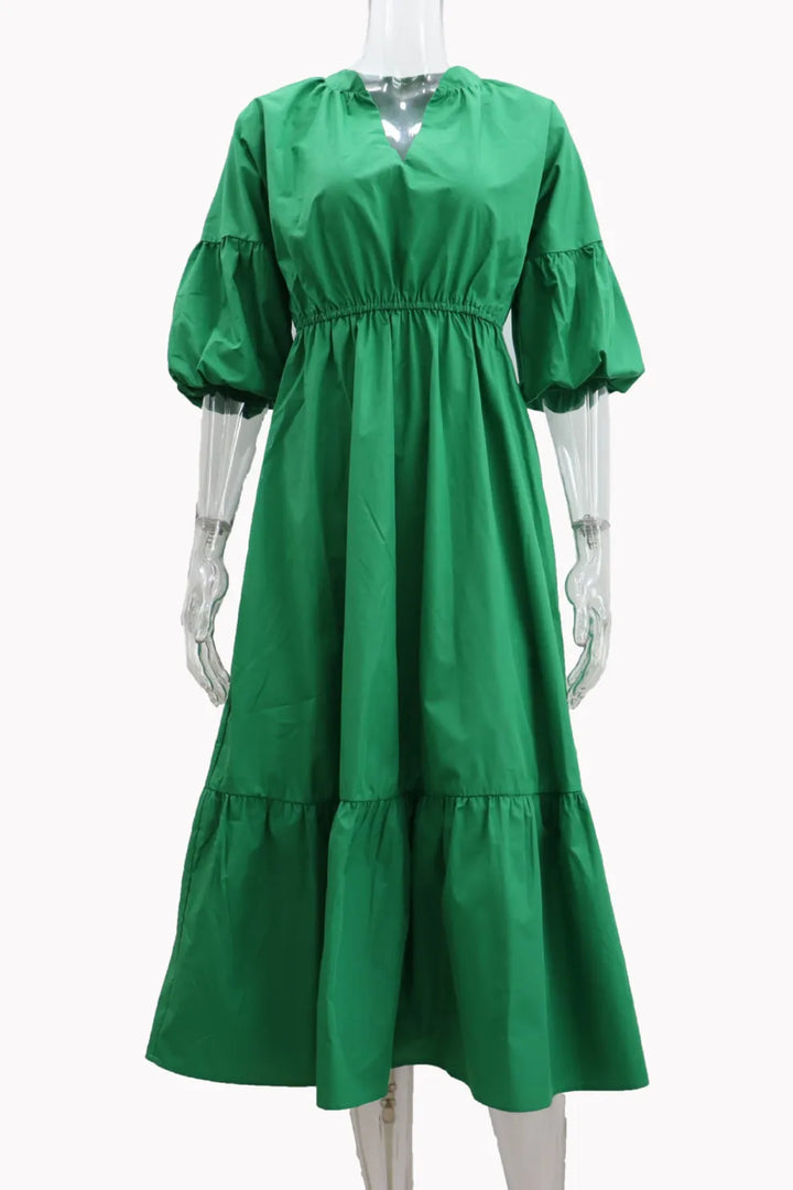 Half Sleeve V Neck High Waist Midi Dress