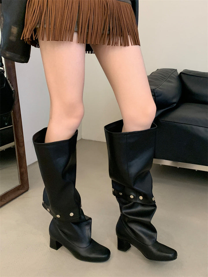 Riveted Detachable Round-Toe Long Boots