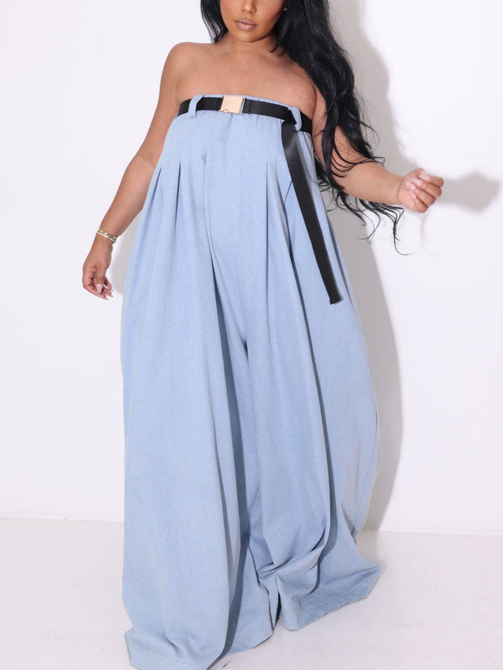 Strapless Loose Jumpsuit With Belt Khaki / L