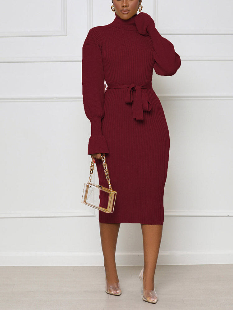 Turtleneck Knit Tie Waist Dress Black / XL
