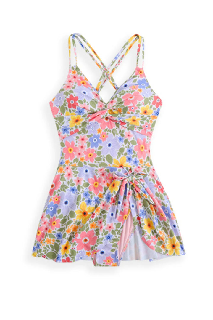 Twist Front Crossover Skirted One-Piece Swimsuit