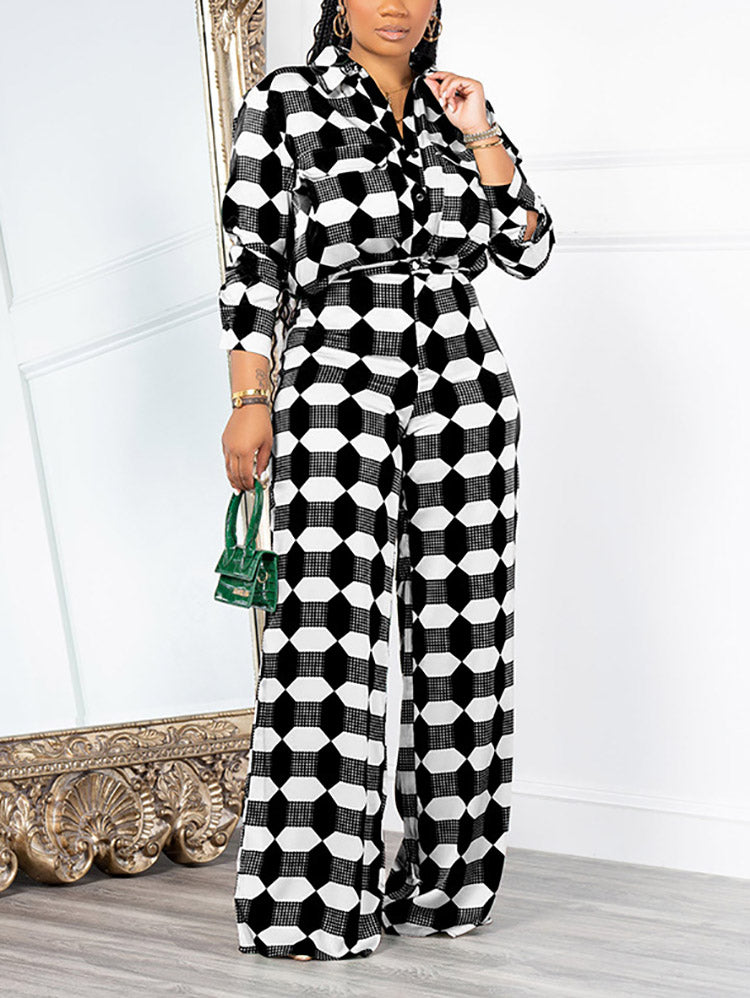 Geometric Pattern Shirt & Pants Set Black / M