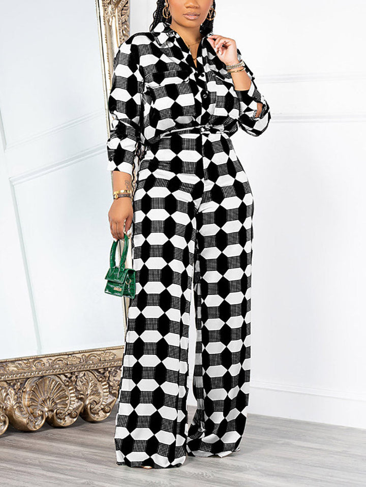 Geometric Pattern Shirt & Pants Set Black / M