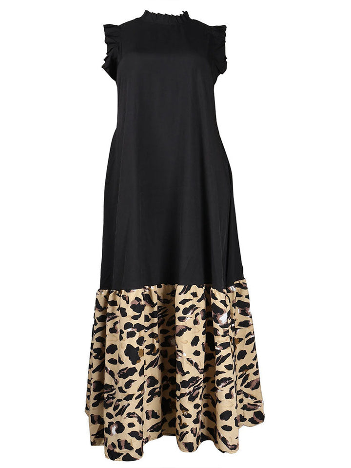 Printed Ruffle Sleeveless Maxi Dress Black / XL
