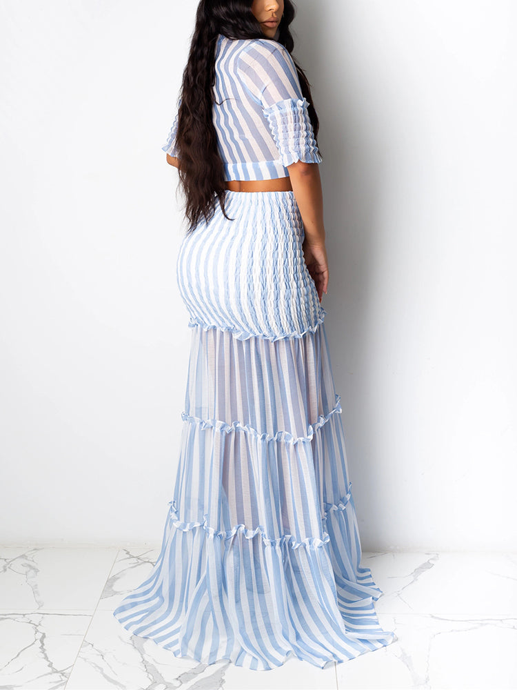Striped Crop Top Ruffle Skirt Set Blue / M