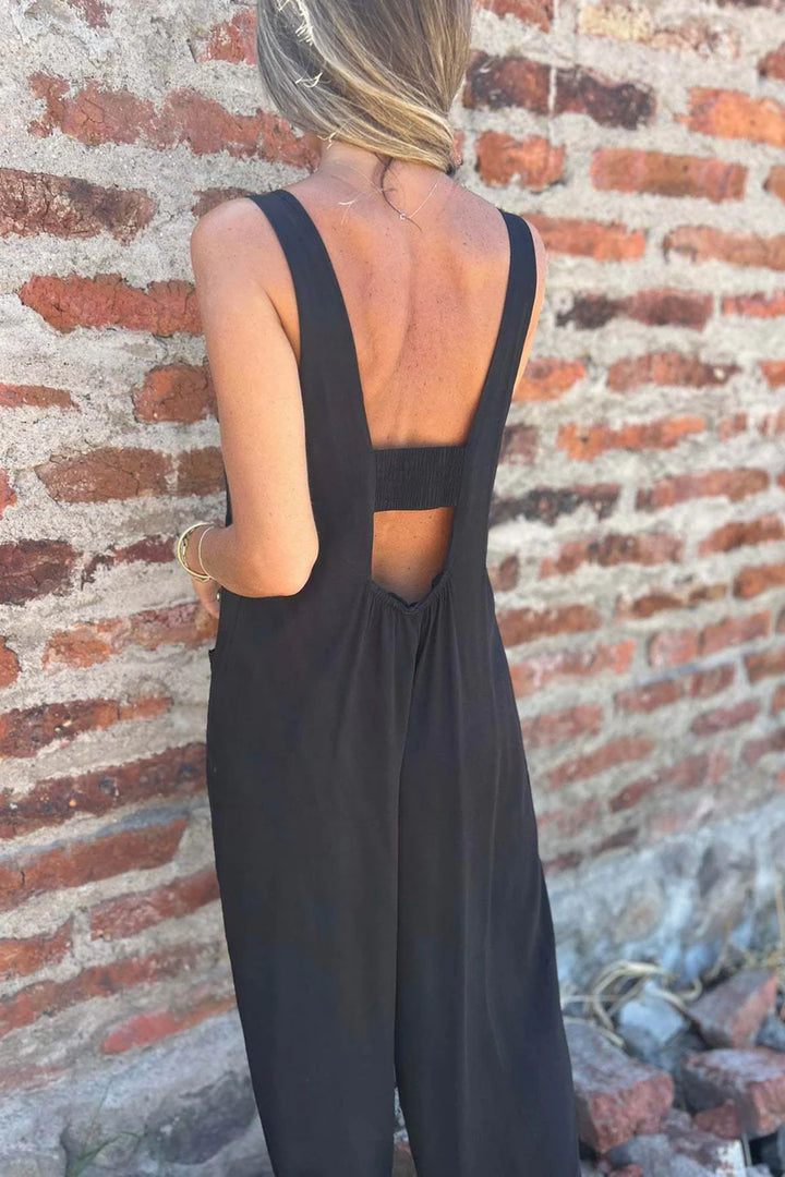 Button Closure Backless Loose Jumpsuit