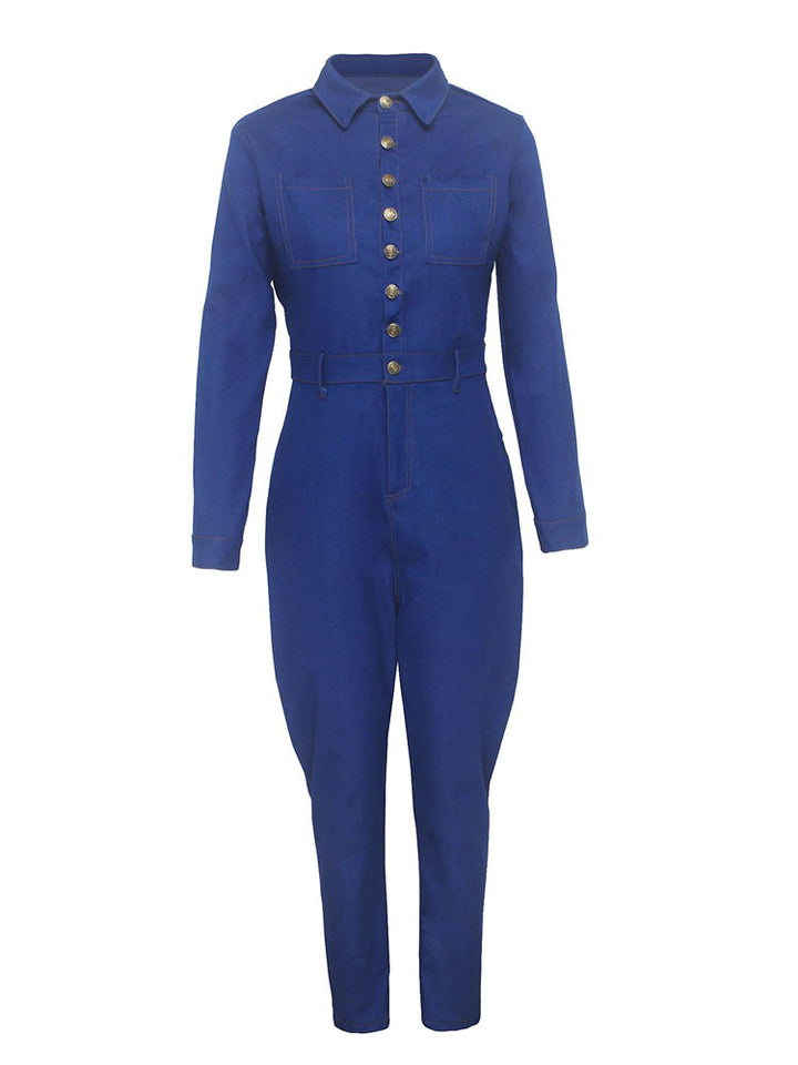Button Skinny Denim Jumpsuit Blue / L