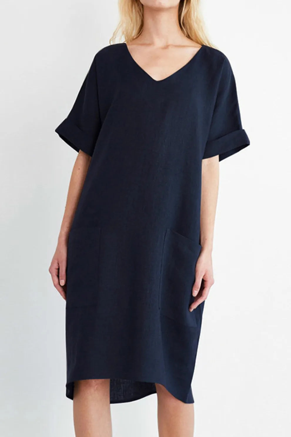 V Neck Short Sleeve Pocketed Cotton Dress