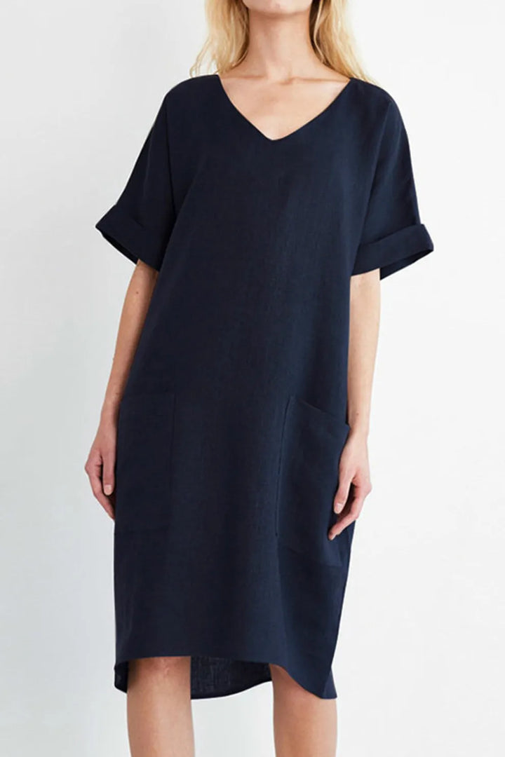 V Neck Short Sleeve Pocketed Cotton Dress