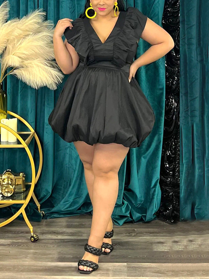 V Neck Ruffle Puff Dress Pink / 3XL