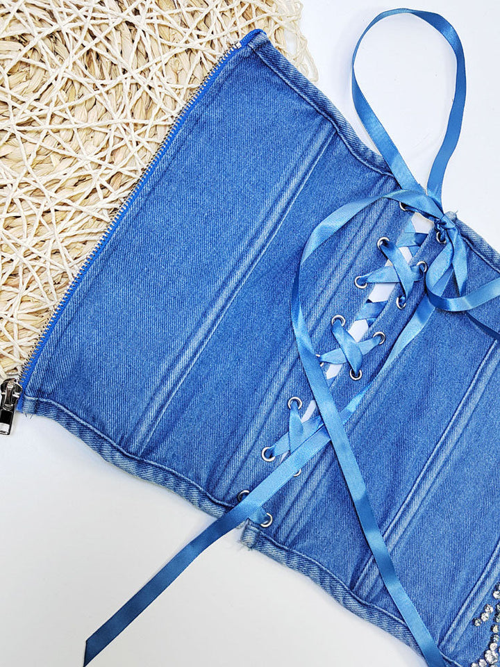 Rhinestone Denim Bustier Top Navy / M