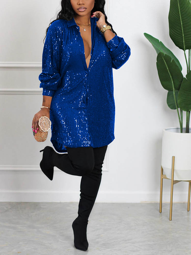 Sequin Shirt Mini Dress Green / 3XL