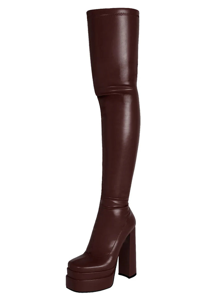 PU Platform Heel Thigh High Boots