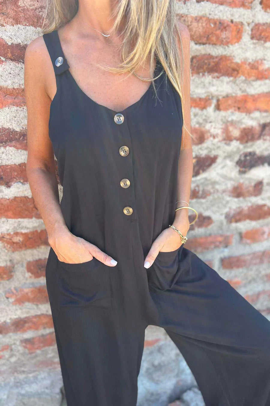 Button Closure Backless Loose Jumpsuit