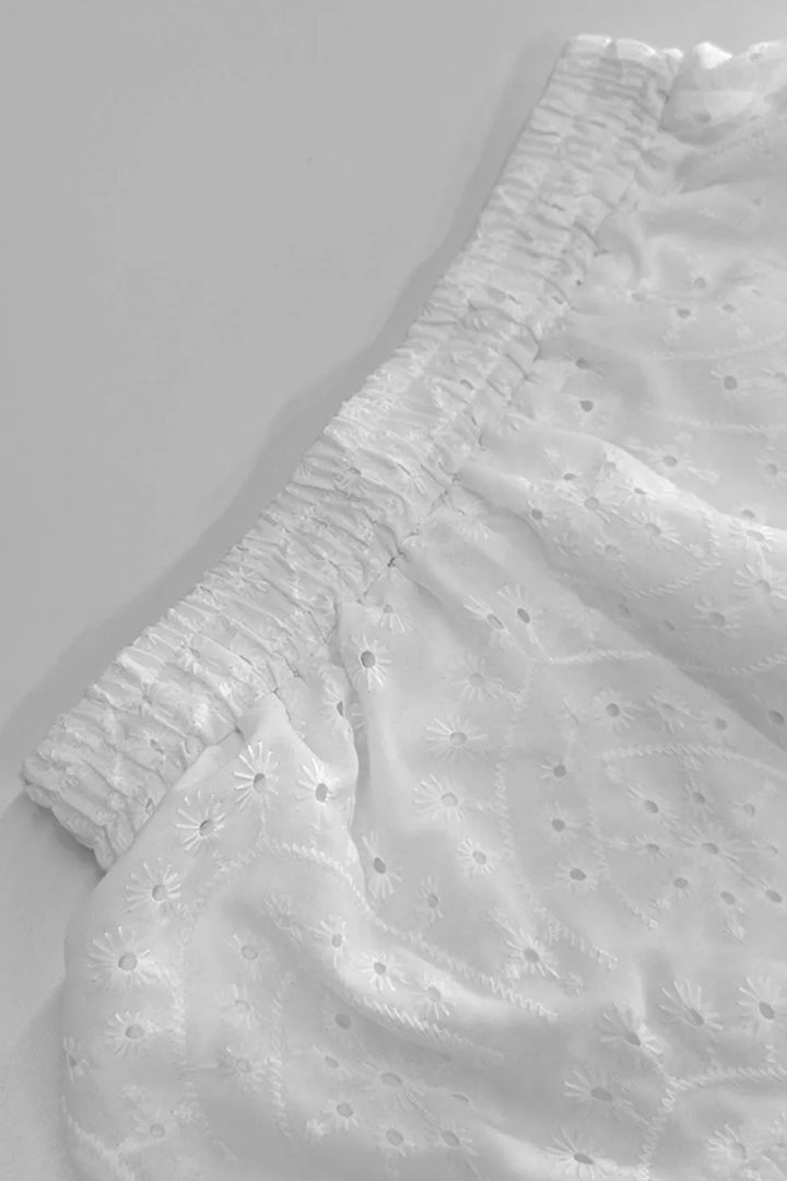 Hollow-out Jacquard Blouse Tiered Shorts Set