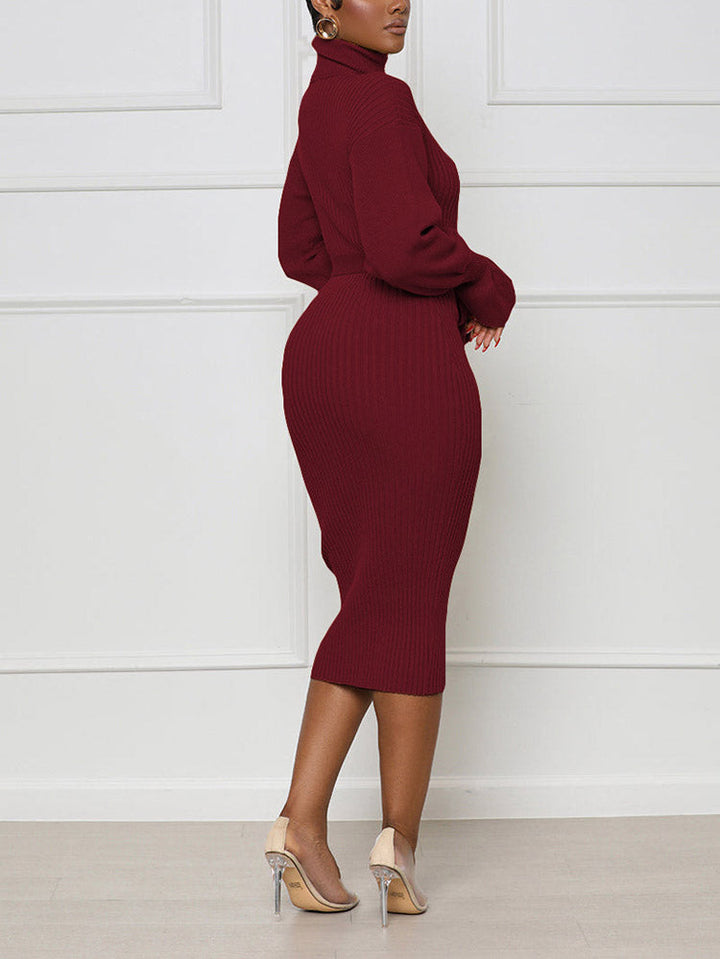 Turtleneck Knit Tie Waist Dress Burgundy / S