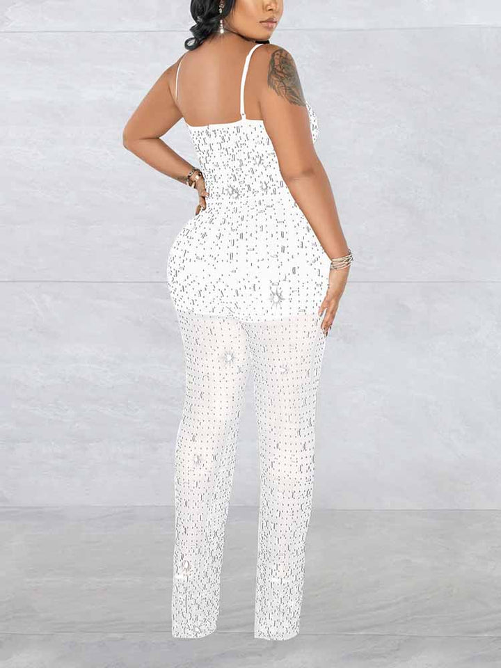 Rhinestone Mesh Jumpsuit White / S