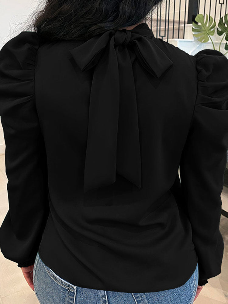 Puff Sleeve Back Ties Tops Black / S