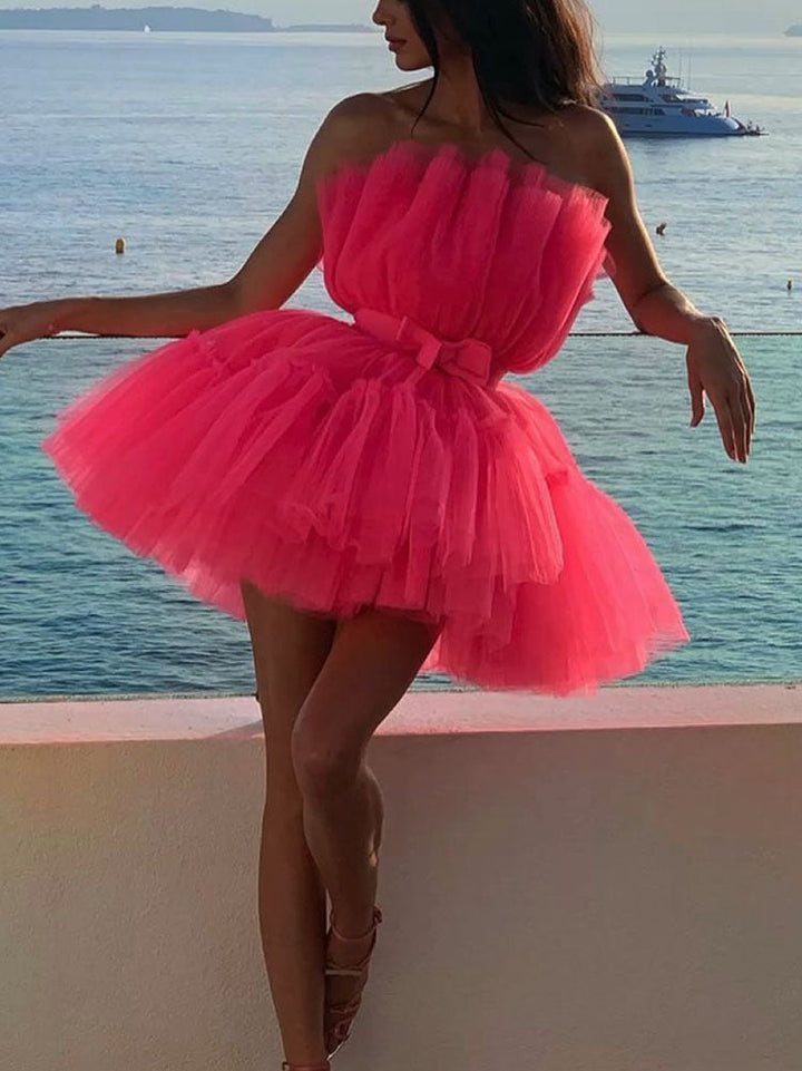 Bow Decor Layered Tulle Cocktail Dress Rose / L