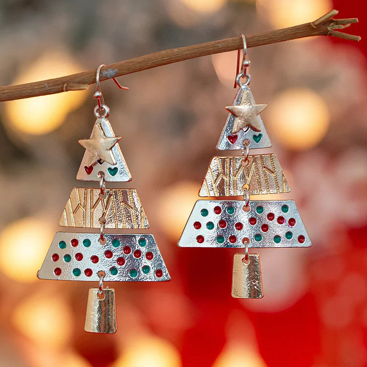 Mixed Metal Christmas Tree Drop Earrings