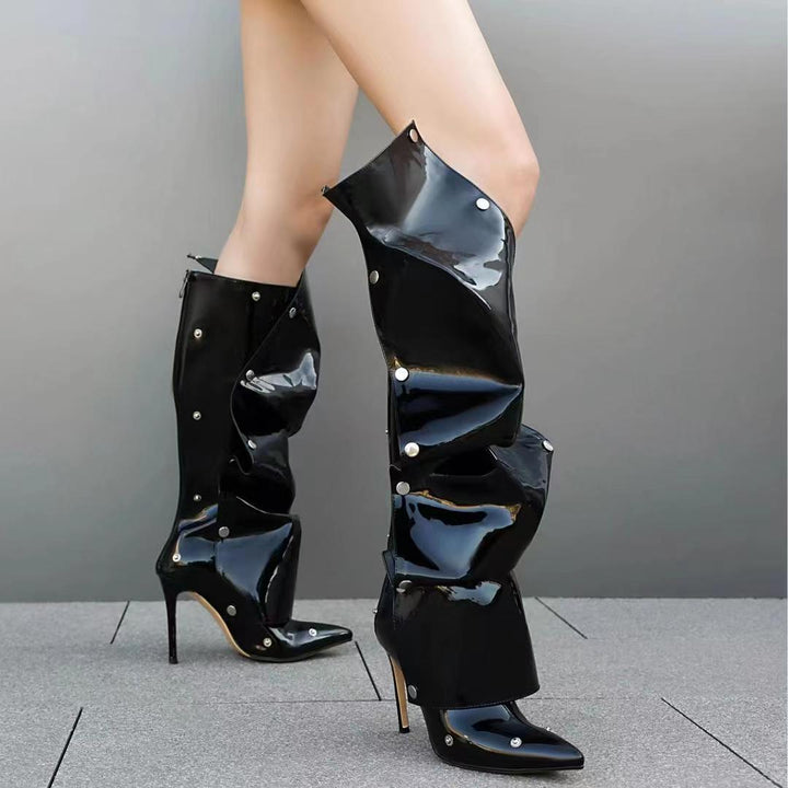 Metal Rivet Denim Patchwork Boots