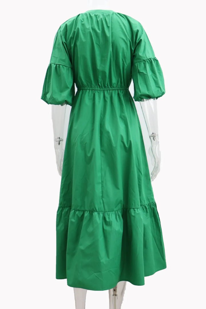 Half Sleeve V Neck High Waist Midi Dress