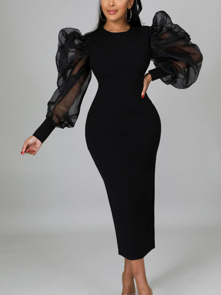 Elegant Puff Sleeve Maxi Dresses Black / XL