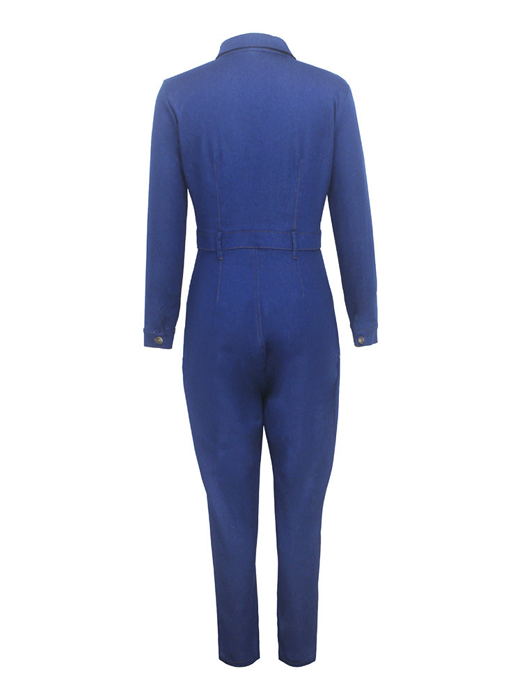 Button Skinny Denim Jumpsuit Blue / 2XL
